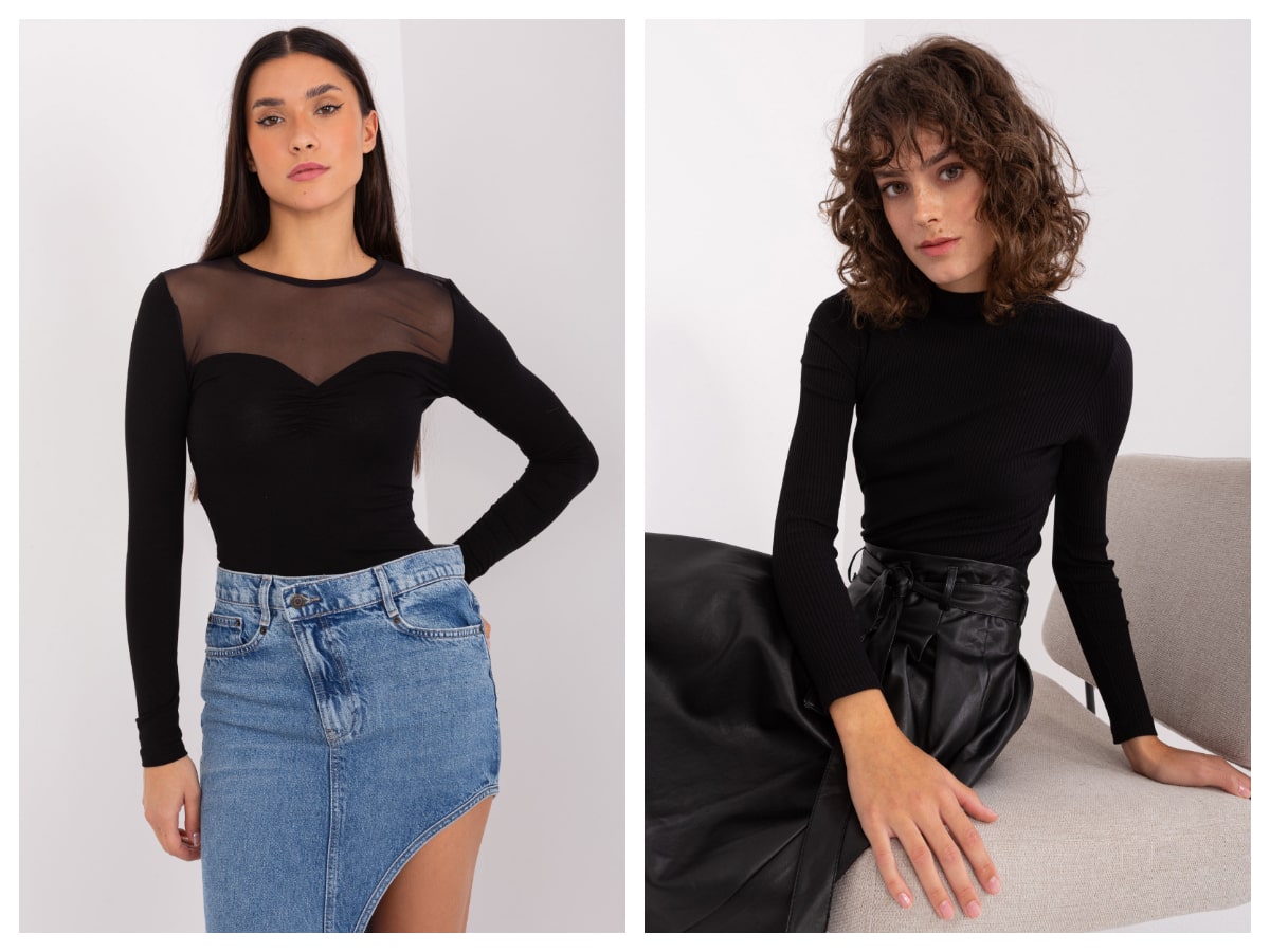 Black basic blouse with long sleeves – what looks does it fit with?