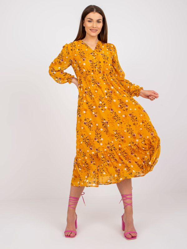 Wholesale Dark yellow midi dress with prints and ruffles RUE PARIS