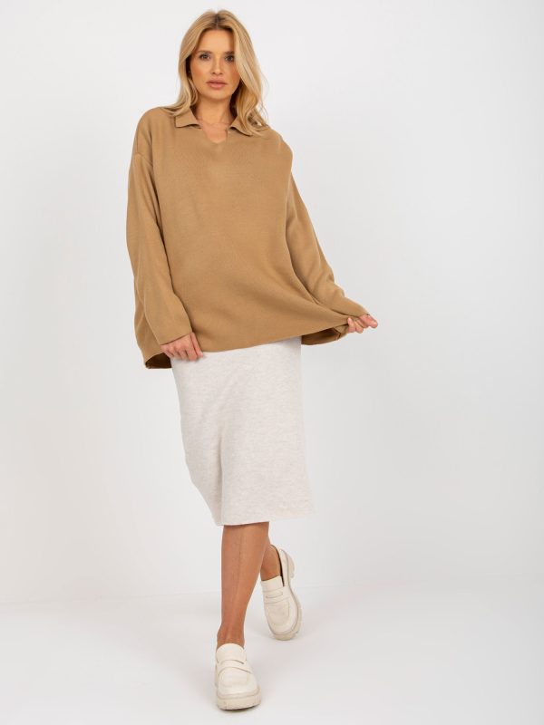 Wholesale Camel long oversize sweater with collar RUE PARIS