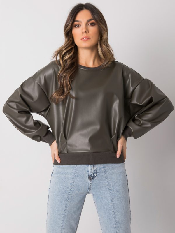 Wholesale Dark khaki sweatshirt with eco-leather insert Ancora RUE PARIS