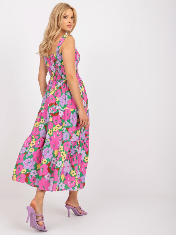 Wholesale Green and purple long dress with floral patterns with ruffle RUE PARIS