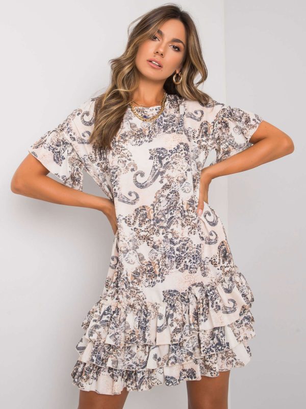 Wholesale Beige patterned dress with frills Audrina RUE PARIS