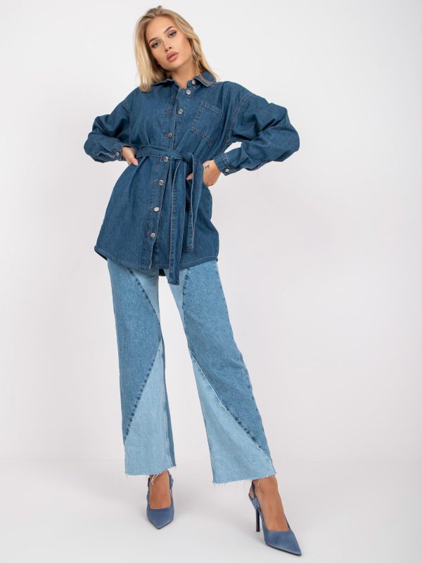 Wholesale Blue Women's Denim Shirt with Belt RUE PARIS