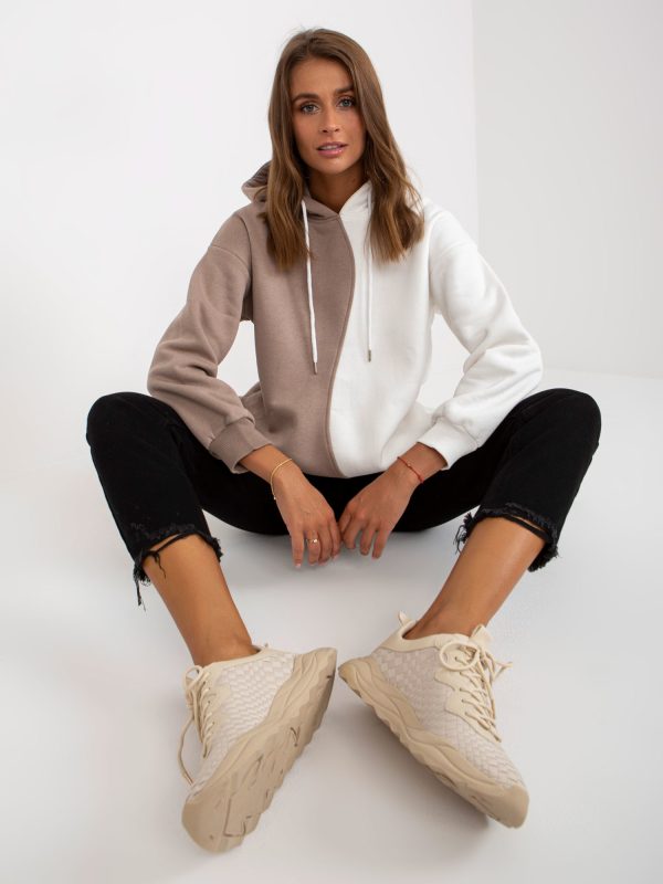 Wholesale Beige and white basic hoodie with pockets RUE PARIS