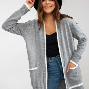 Wholesale Grey-ecru long cardigan with pockets RUE PARIS