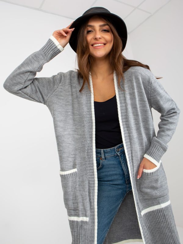 Wholesale Grey-ecru long cardigan with pockets RUE PARIS