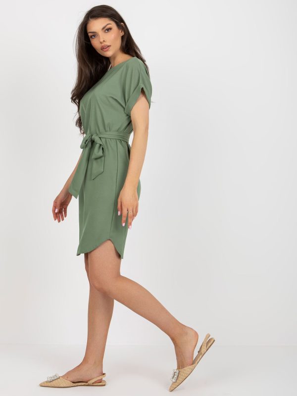 Wholesale Khaki women's dress with tie belt RUE PARIS