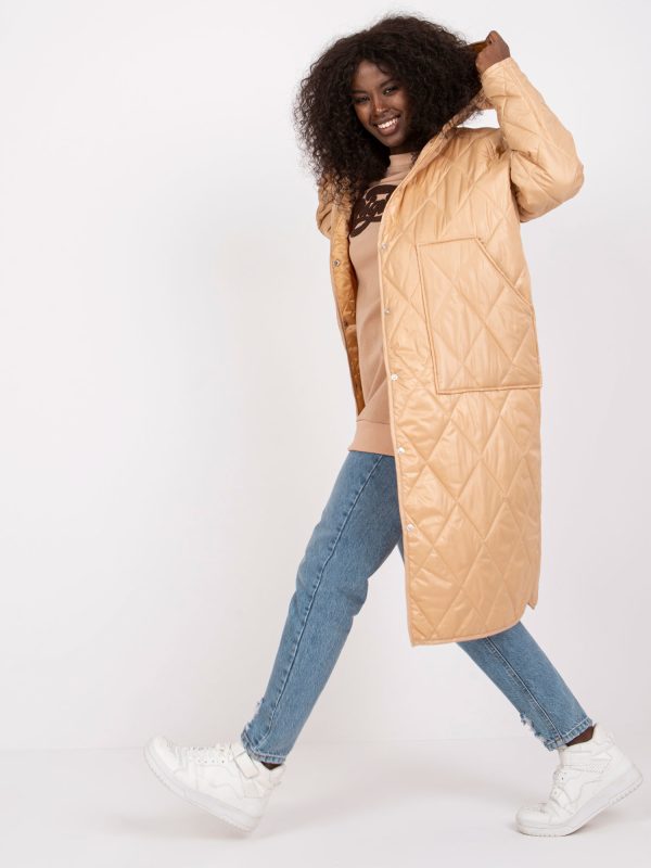 Wholesale Beige long quilted jacket with hood Maule RUE PARIS