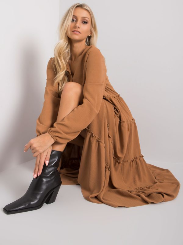 Wholesale Camel long dress with ruffle Atrani RUE PARIS