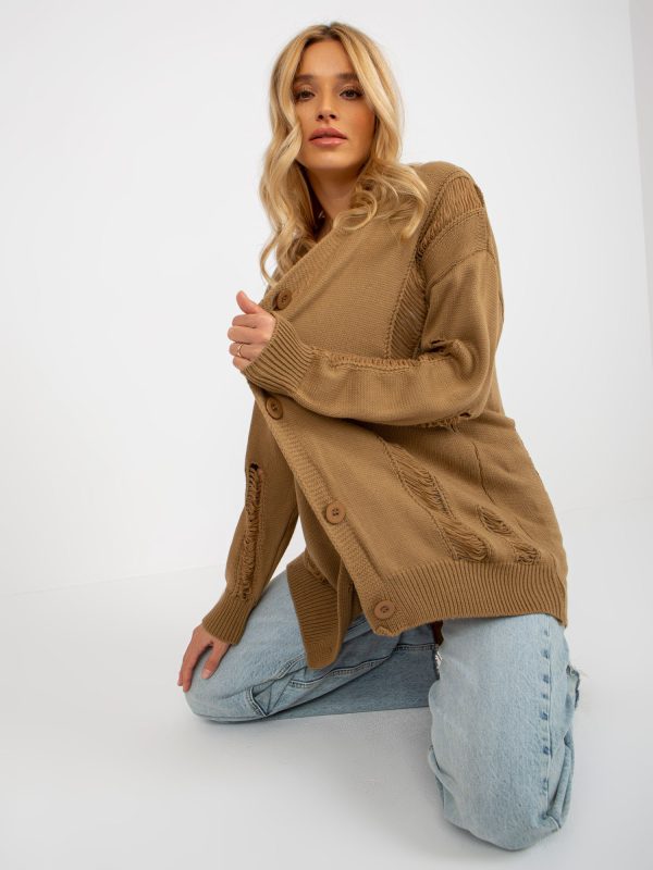 Wholesale Camel loose cardigan with holes RUE PARIS