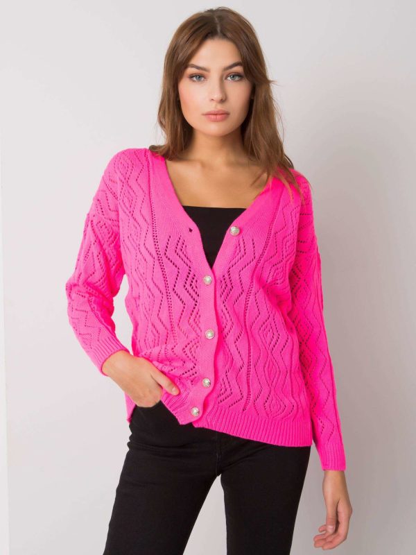 Wholesale Fluo pink openwork sweater with buttons Gregoire RUE PARIS