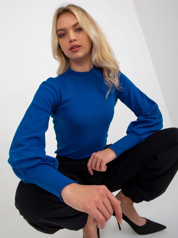 Wholesale Dark blue ribbed basic blouse with half turtleneck RUE PARIS