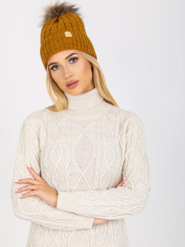 Wholesale Mustard winter hat with pompom RUE PARIS