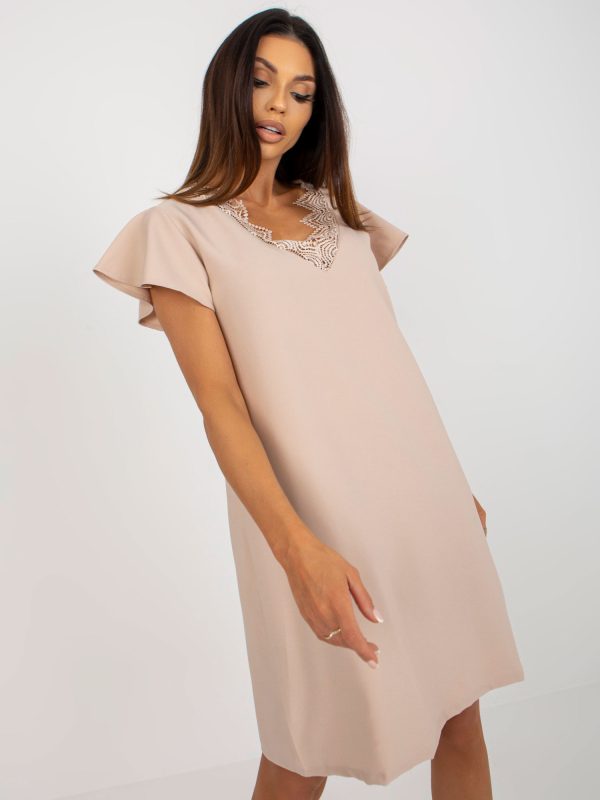 Wholesale Beige Short Sleeve Cocktail Dress RUE PARIS