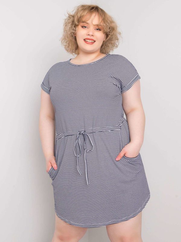 Wholesale Navy Blue and White Plus Size Sariyah Striped Mini Dress