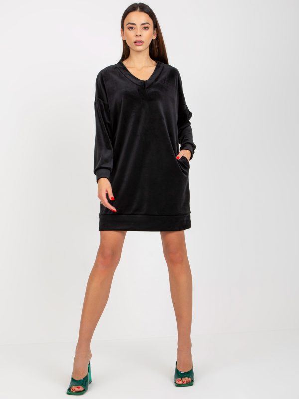 Wholesale Black velour casual dress with triangle neckline RUE PARIS