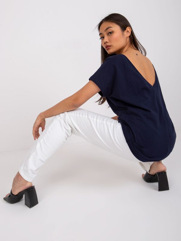 Wholesale Navy blue basic t-shirt with neck on the back Fire