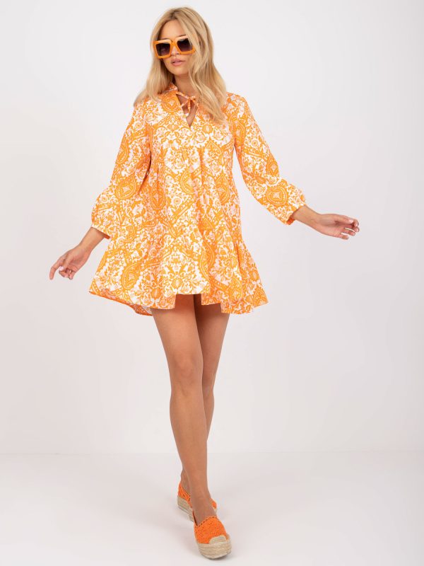 Wholesale Orange mini dress with prints and ruffles RUE PARIS