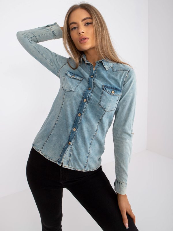 Wholesale Light Blue Long Sleeve Denim Shirt RUE PARIS