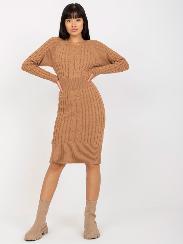 Wholesale Camel pencil knit dress with braids RUE PARIS