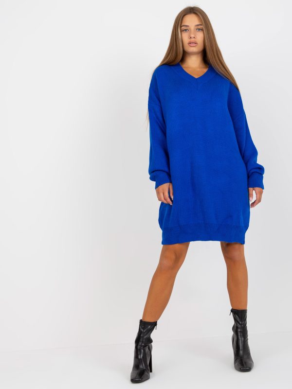 Wholesale Dark blue knitted dress with V neckline RUE PARIS