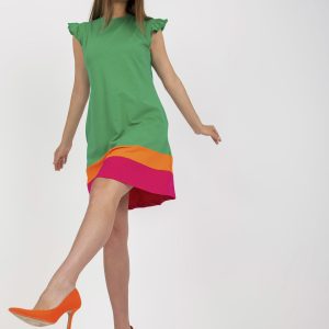 Wholesale Green and fuchsia casual dress with pockets RUE PARIS