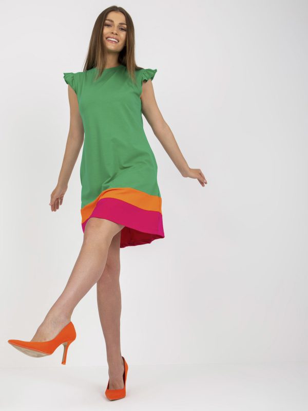 Wholesale Green and fuchsia casual dress with pockets RUE PARIS