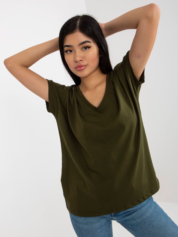 Wholesale Khaki Plain Basic T-Shirt with Emory V-Neckline