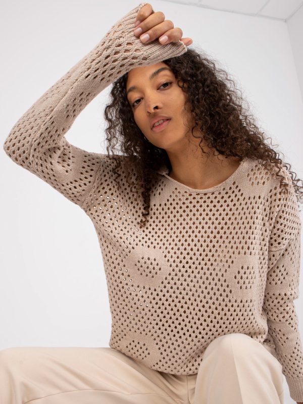 Wholesale Beige women's sweater with openwork pattern RUE PARIS