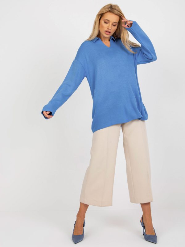 Wholesale Blue women's oversize sweater with collar RUE PARIS