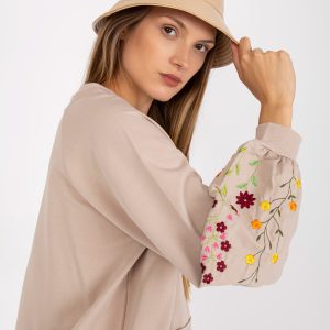 Wholesale Beige oversize sweatshirt without hood with embroidered flowers RUE PARIS