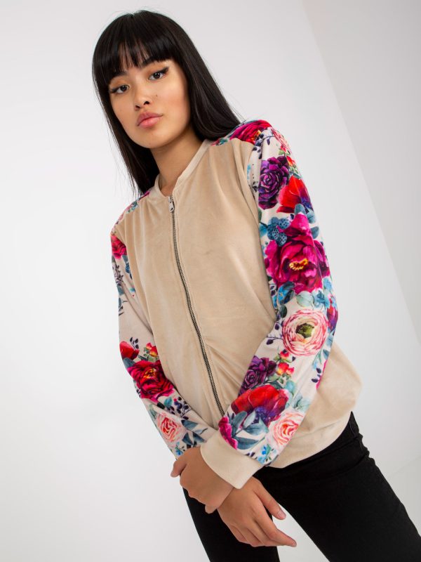 Wholesale Beige velour bomber sweatshirt with print RUE PARIS