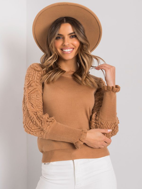 Wholesale Camel sweater with openwork sleeves Tendering RUE PARIS