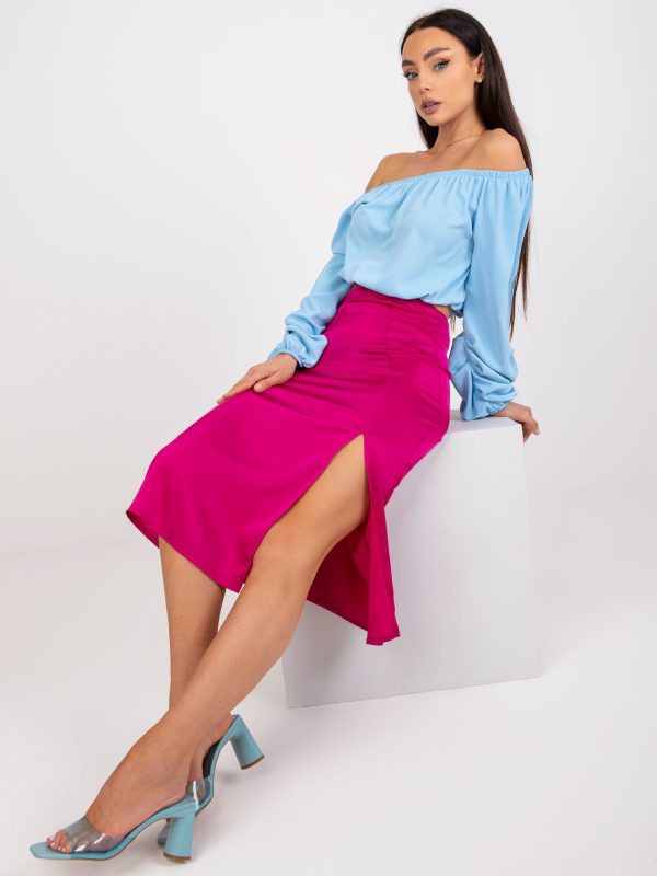 Wholesale Fuchsia midi skirt in imitation satin with slit RUE PARIS