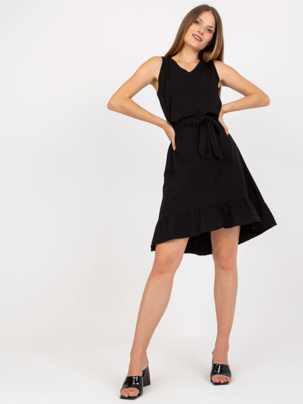 Wholesale Basic black cotton mini dress with tie RUE PARIS