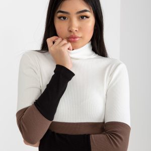 Wholesale Ecru-black basic blouse with striped turtleneck RUE PARIS