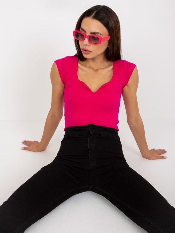 Wholesale Fuchsia basic blouse in ribbed cotton RUE PARIS