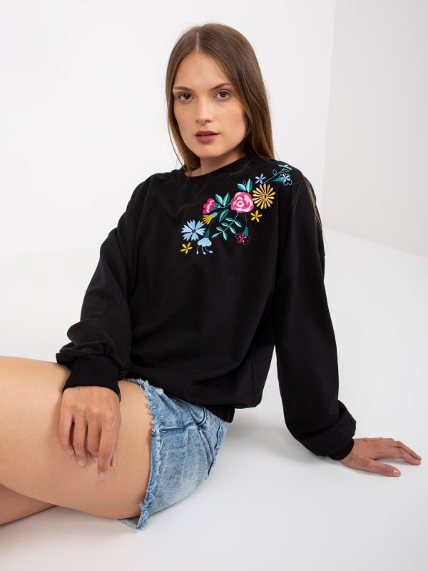 Wholesale Black hoodie with embroidered flowers RUE PARIS