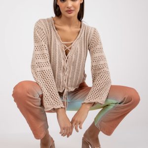 Wholesale Beige openwork boho sweater with tie neckline RUE PARIS