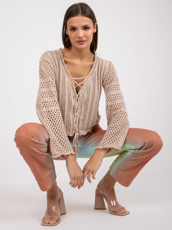 Wholesale Beige openwork boho sweater with tie neckline RUE PARIS