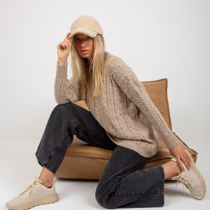 Wholesale Beige loose sweater with braids and long sleeves RUE PARIS