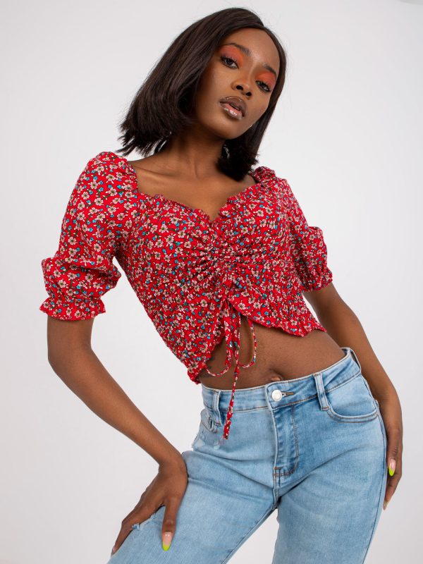 Wholesale Red short blouse with floral with ruffle RUE PARIS