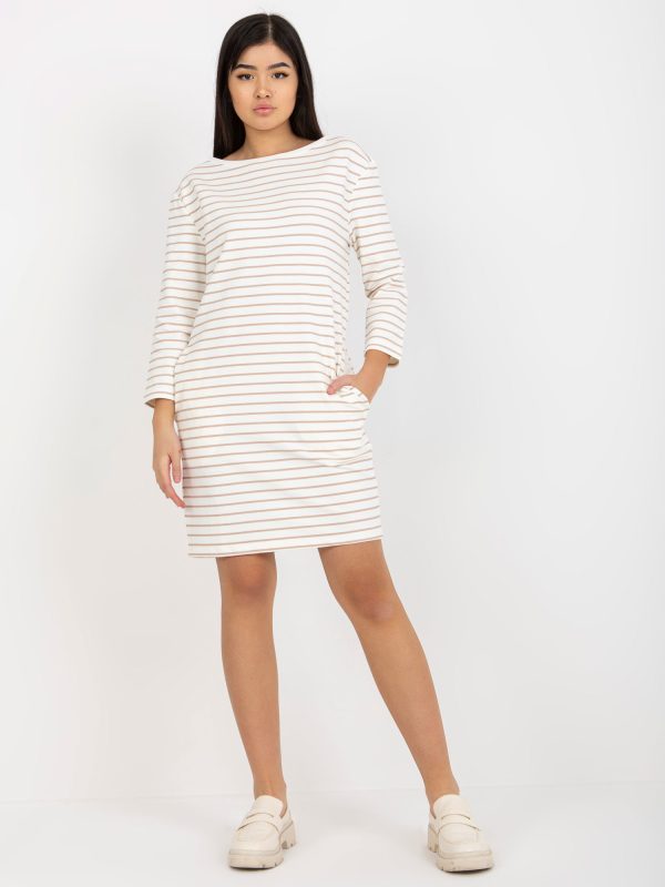 Wholesale Ecru-beige women's basic dress with pockets RUE PARIS