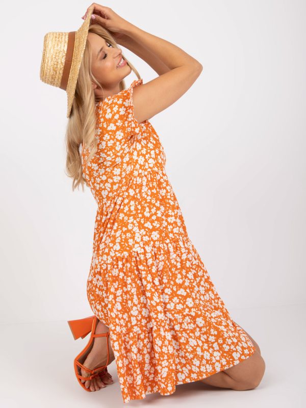 Wholesale Orange summer dress with ruffle and print RUE PARIS