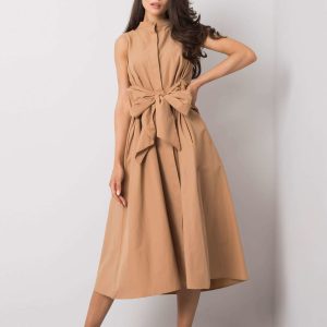 Wholesale Light brown dress with tie Elina RUE PARIS