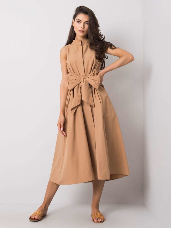 Wholesale Light brown dress with tie Elina RUE PARIS