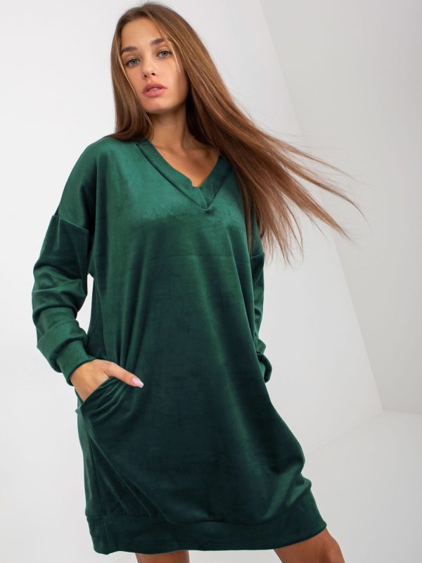 Wholesale Dark green velour dress with pockets RUE PARIS