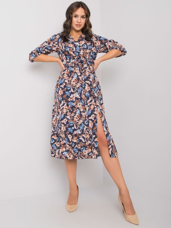 Wholesale Navy Blue Floral Ruffle Dress Erine RUE PARIS