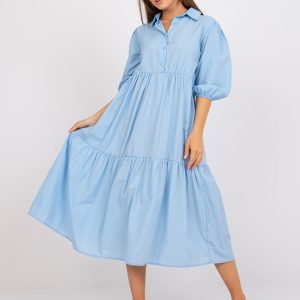 Wholesale Light Blue Cotton Ruffle Midi Dress RUE PARIS