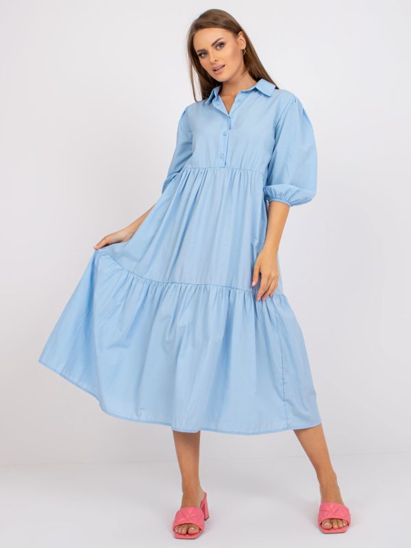 Wholesale Light Blue Cotton Ruffle Midi Dress RUE PARIS